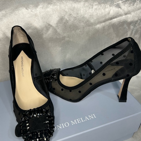 ANTONIO MELANI Black Polka Dot Mesh Heels - Picture 5 of 6